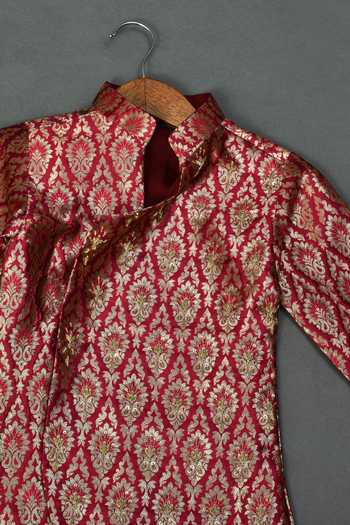 Maaikid_Maroon Brocade, Cotton, Silk Embroidery Sherwani And Dhoti Pant Set _Online_at_Aza_Fashions