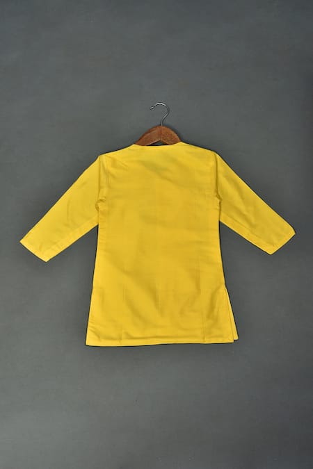 Maaikid_Yellow Cotton, Silk Embroidery Krishna And Flute Embellished Kurta Set _Online_at_Aza_Fashions