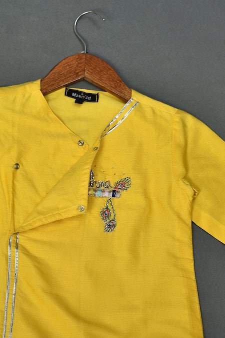 Buy_Maaikid_Yellow Cotton, Silk Embroidery Krishna And Flute Embellished Kurta Set _Online_at_Aza_Fashions