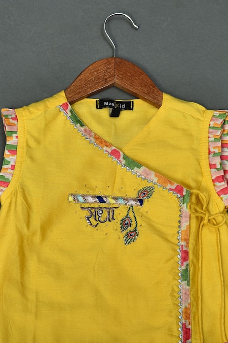 Maaikid_Yellow Cotton, Silk Embroidery Radha Embellished Kurta And Afghani Pant Set _Online_at_Aza_Fashions