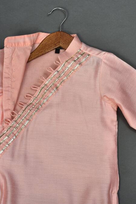 Maaikid_Pink Chanderi, Cotton Gota Patti Embellished Placket Kurta _Online_at_Aza_Fashions
