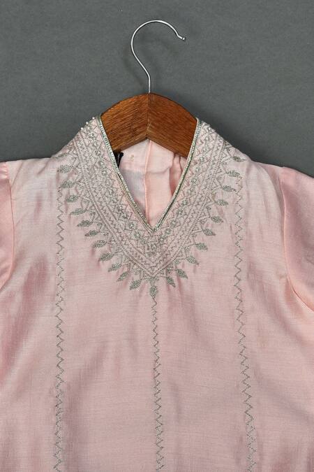 Maaikid_Pink Chanderi, Cotton Embroidery Kurta And Dhoti Pant Set _Online_at_Aza_Fashions