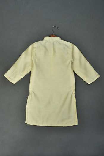 Maaikid_Yellow Chanderi, Linen, Cotton Gota Patti Embellished Neck Kurta And Pyjama Set _Online_at_Aza_Fashions