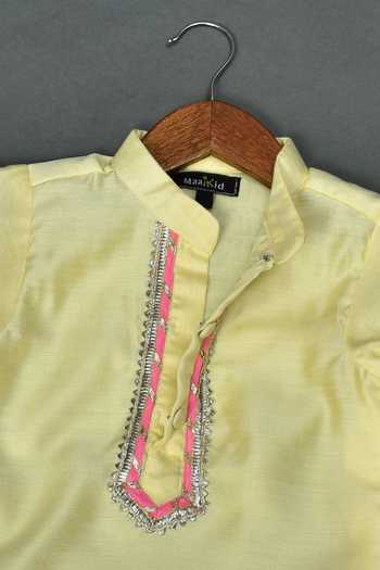 Buy_Maaikid_Yellow Chanderi, Linen, Cotton Gota Patti Embellished Neck Kurta And Pyjama Set _Online_at_Aza_Fashions