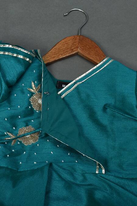 Maaikid_Green Silk, Cotton Embroidery Zardozi Peplum Top And Afghani Pant Set _Online_at_Aza_Fashions