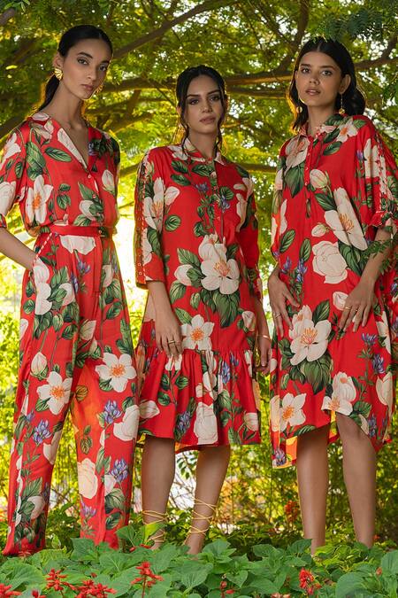 Divi By Sonal Khandelwal_Red Cotton Collared Wild Rose Print Shirt Dress _Online_at_Aza_Fashions