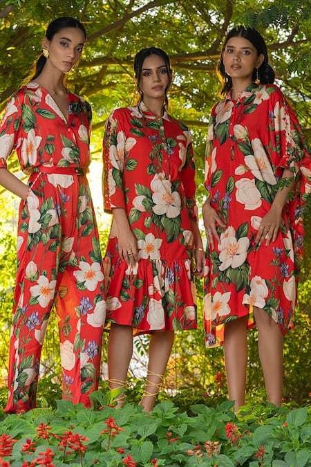 Buy_Divi by sonal khandelwal_Red Modal, Satin, Viscose Collared Wild Rose Print Jumpsuit _Online_at_Aza_Fashions