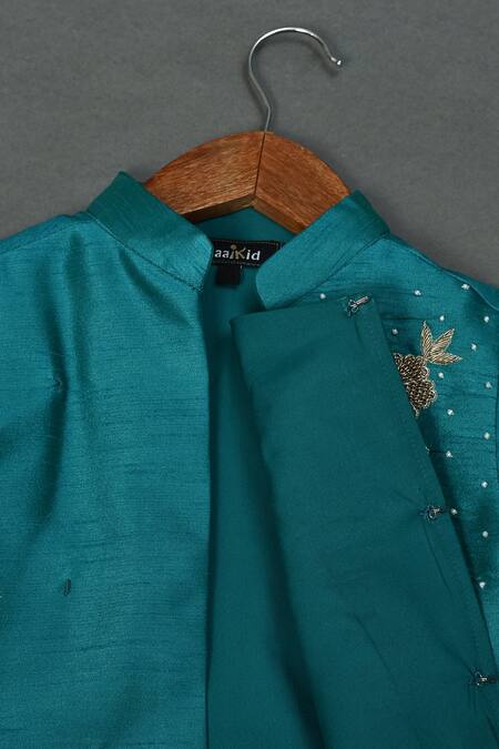 Maaikid_Green Silk, Cotton Embroidery, Zari Zardozi Sherwani And Pyjama Set _Online_at_Aza_Fashions