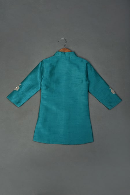 Buy_Maaikid_Green Silk, Cotton Embroidery, Zari Zardozi Sherwani And Pyjama Set _Online_at_Aza_Fashions