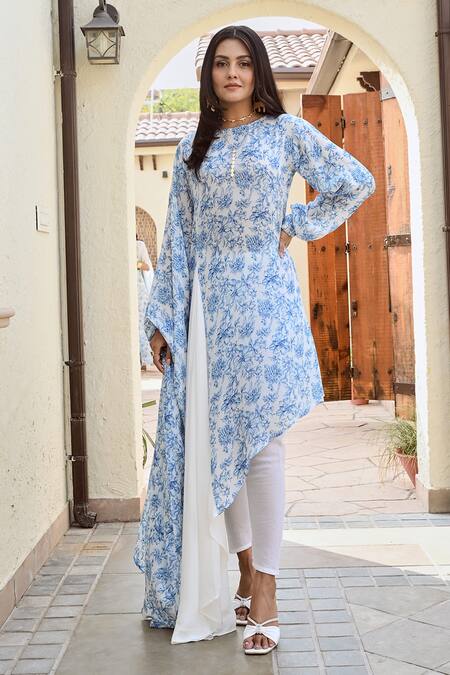 Palak & Mehak Blue Crepe, Cotton Round Neck Tarini Floral Print Tunic With Tulip Pant Online at Aza Fashions Palak & Mehak_Blue Crepe, Cotton Round Neck Tarini Floral Print Tunic With Tulip Pant _Online_at_Aza_Fashions