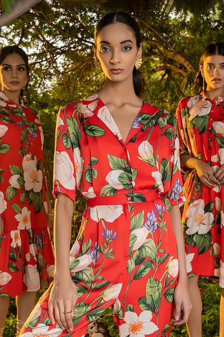 Shop_Divi by sonal khandelwal_Red Modal, Satin, Viscose Collared Wild Rose Print Jumpsuit _Online_at_Aza_Fashions