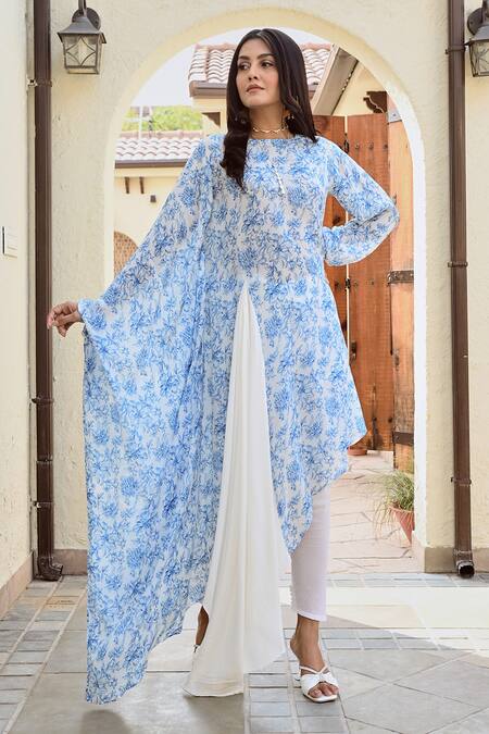 Buy Palak & Mehak Blue Crepe, Cotton Round Neck Tarini Floral Print Tunic With Tulip Pant Online at Aza Fashions Buy_Palak & Mehak_Blue Crepe, Cotton Round Neck Tarini Floral Print Tunic With Tulip Pant _Online_at_Aza_Fashions