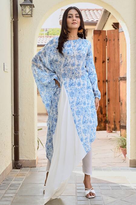 Shop Palak & Mehak Blue Crepe, Cotton Round Neck Tarini Floral Print Tunic With Tulip Pant Online at Aza Fashions Shop_Palak & Mehak_Blue Crepe, Cotton Round Neck Tarini Floral Print Tunic With Tulip Pant _Online_at_Aza_Fashions