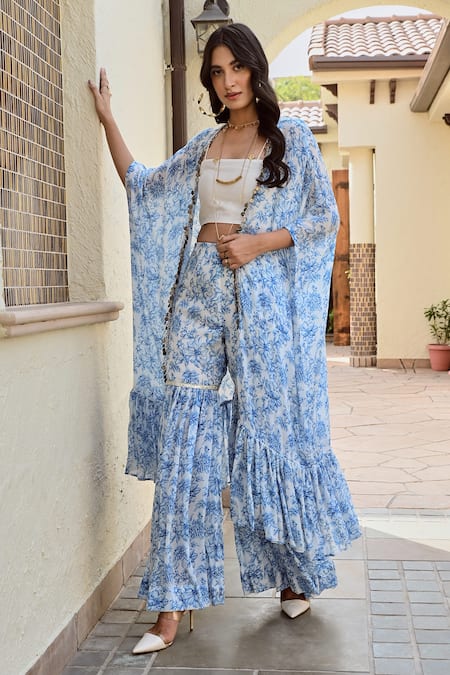 Palak & Mehak_Blue Chanderi, Crepe Gota Patti Rhea Floral Print Kaftan Cape And Flared Pant Set _Online_at_Aza_Fashions
