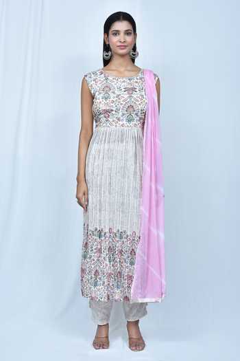 Shop_Samyukta Singhania_Cream Georgette Embroidery Round Neck Floral Pattern Fit And Flare Kurta Pant Set_Online_at_Aza_Fashions