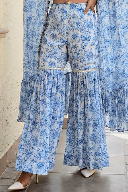 Shop_Palak & Mehak_Blue Chanderi, Crepe Gota Patti Rhea Floral Print Kaftan Cape And Flared Pant Set 