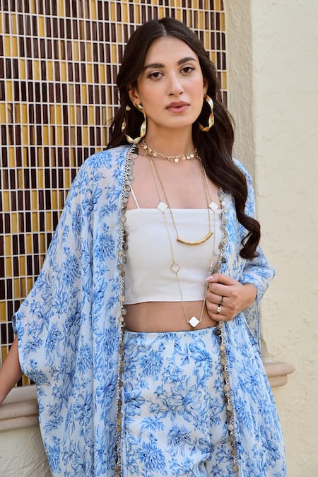 Buy_Palak & Mehak_Blue Chanderi, Crepe Gota Patti Rhea Floral Print Kaftan Cape And Flared Pant Set 