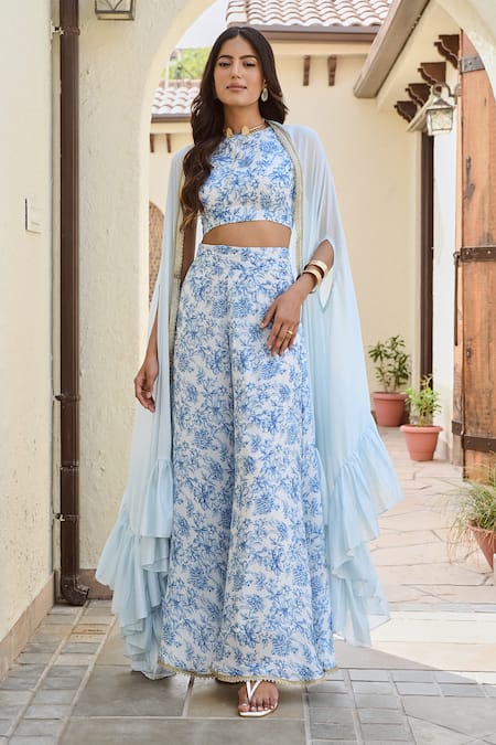 Palak & Mehak_Blue Round Neck Floral Print Cape And Palazzo Set _Online_at_Aza_Fashions