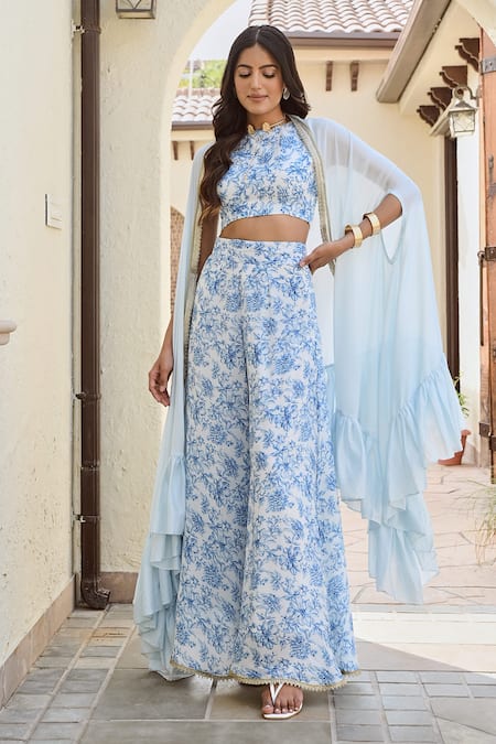 Buy_Palak & Mehak_Blue Round Neck Floral Print Cape And Palazzo Set _Online_at_Aza_Fashions