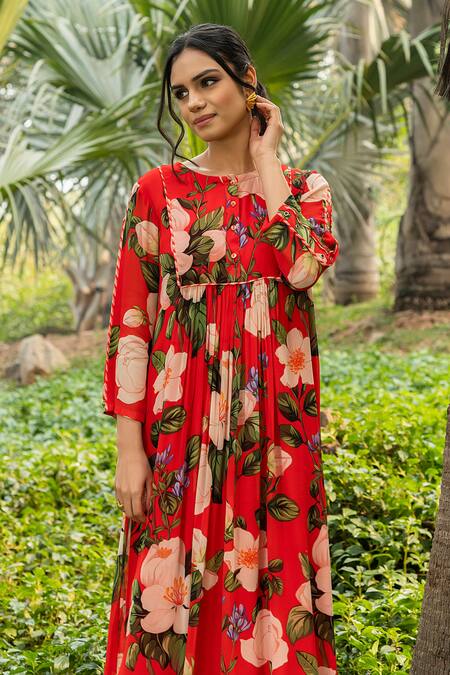 Buy Divi By Sonal Khandelwal Red Georgette, Viscose Round Neck Wild Rose Printed Tunic And Pant Set Online at Aza Fashions Buy_Divi By Sonal Khandelwal_Red Georgette, Viscose Round Neck Wild Rose Printed Tunic And Pant Set _Online_at_Aza_Fashions