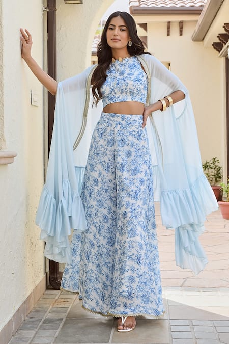 Shop_Palak & Mehak_Blue Round Neck Floral Print Cape And Palazzo Set _Online_at_Aza_Fashions