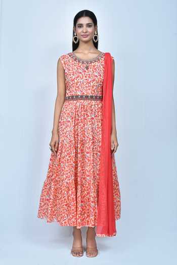 Samyukta Singhania_Orange Muslin Embroidery Round Neck Floral Print Anarkali Set_Online_at_Aza_Fashions