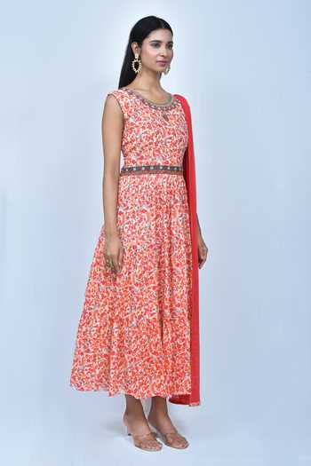Buy_Samyukta Singhania_Orange Muslin Embroidery Round Neck Floral Print Anarkali Set_Online_at_Aza_Fashions