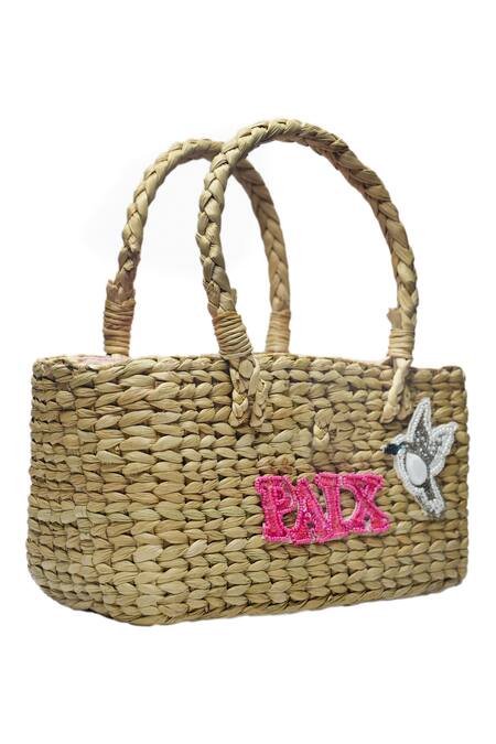 Ginn And Tonik_Beige Beads And Sequin Paix Basket Woven Beach Bag_Online_at_Aza_Fashions