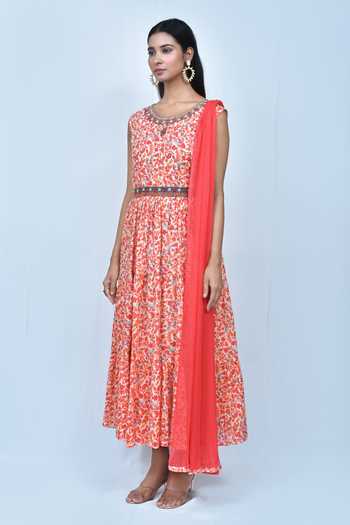 Shop_Samyukta Singhania_Orange Muslin Embroidery Round Neck Floral Print Anarkali Set_Online_at_Aza_Fashions