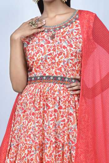 Samyukta Singhania_Orange Muslin Embroidery Round Neck Floral Print Anarkali Set_at_Aza_Fashions