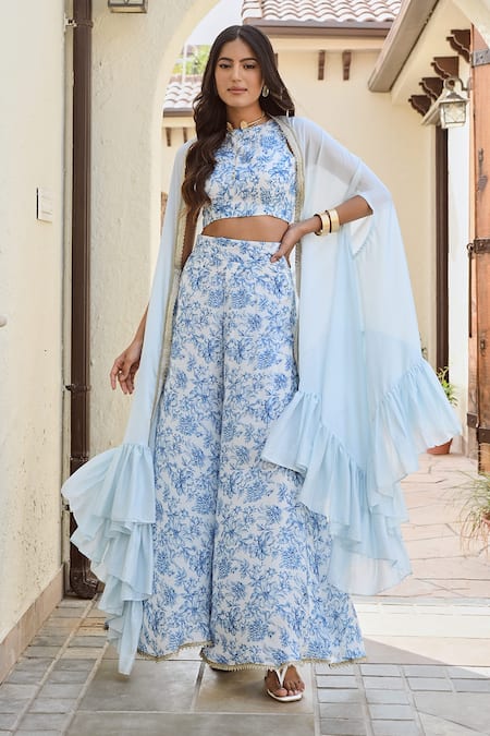 Palak & Mehak_Blue Round Neck Floral Print Cape And Palazzo Set _at_Aza_Fashions