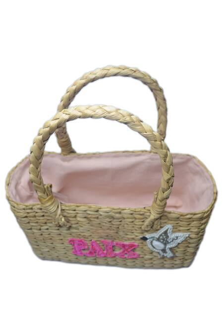 Ginn And Tonik_Beige Beads And Sequin Paix Basket Woven Beach Bag_at_Aza_Fashions