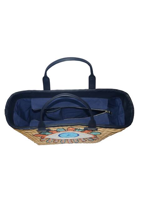 Shop Ginn And Tonik Beige Beads Evil Eye Embellished Beach Bag Online at Aza Fashions Shop_Ginn And Tonik_Beige Beads Evil Eye Embellished Beach Bag_Online_at_Aza_Fashions