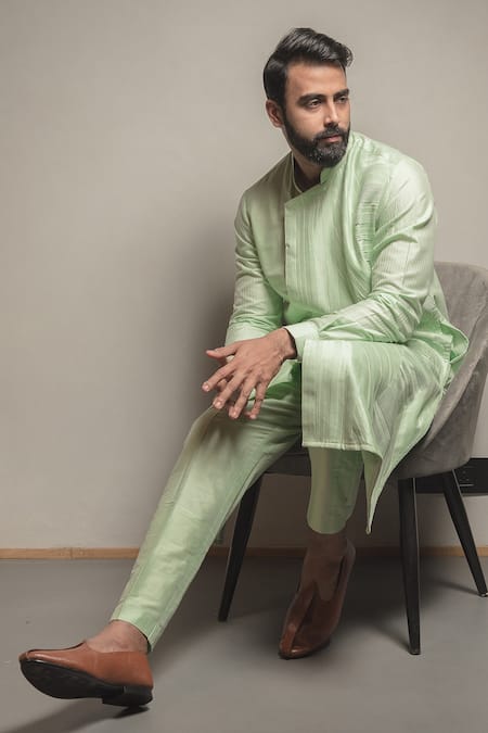 Buy_Darshika Menswear_Blue Cotton, Silk Asymmetric Pintuck Kurta Set _Online_at_Aza_Fashions