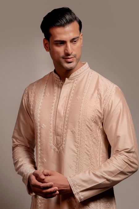 Buy Darshika Menswear Peach Cotton, Silk Pearls, Embroidery Kurta Set Online at Aza Fashions Buy_Darshika Menswear_Peach Cotton, Silk Pearls, Embroidery Kurta Set _Online_at_Aza_Fashions