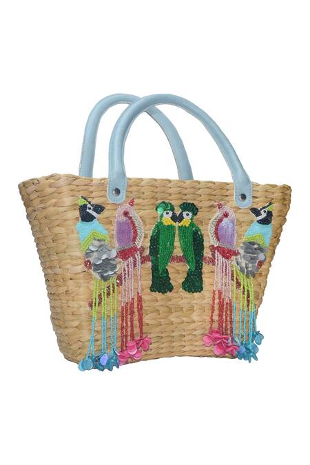 Ginn And Tonik_Beige Sequin And Beads Parrot Embellished Basket Woven Beach Bag_Online_at_Aza_Fashions