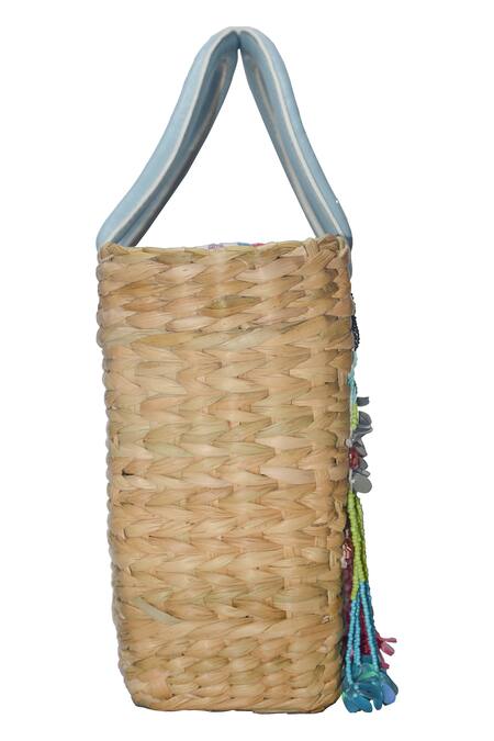 Buy_Ginn And Tonik_Beige Sequin And Beads Parrot Embellished Basket Woven Beach Bag_Online_at_Aza_Fashions