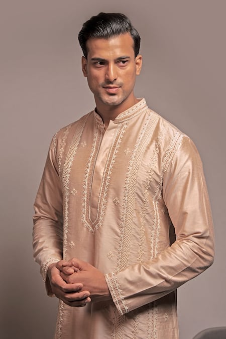 Shop Darshika Menswear Peach Cotton, Silk Pearls, Embroidery Kurta Set Online at Aza Fashions Shop_Darshika Menswear_Peach Cotton, Silk Pearls, Embroidery Kurta Set _Online_at_Aza_Fashions