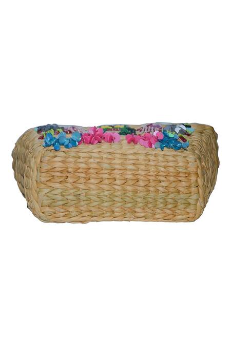 Shop_Ginn And Tonik_Beige Sequin And Beads Parrot Embellished Basket Woven Beach Bag_Online_at_Aza_Fashions