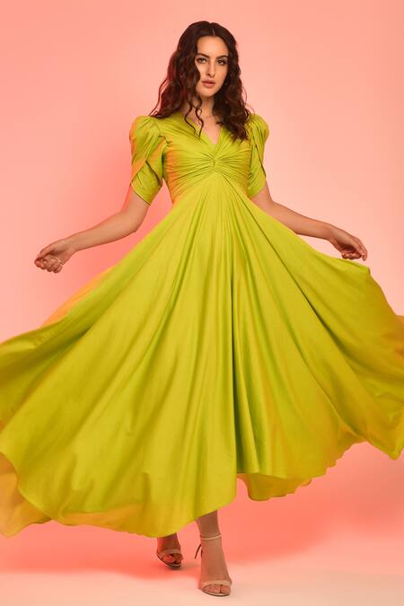Labelamoda_Green Cotton Satin V-neck Petal Sleeved Draped Gown_Online_at_Aza_Fashions