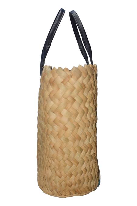 Ginn And Tonik_Beige Sequin And Beads Palm Tree Embellished Basket Woven Beach Bag_Online_at_Aza_Fashions
