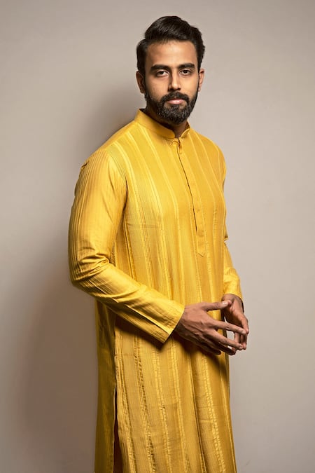 Darshika Menswear Yellow Cotton, Silk Beads Embroidered Kurta Set Online at Aza Fashions Darshika Menswear_Yellow Cotton, Silk Beads Embroidered Kurta Set _Online_at_Aza_Fashions
