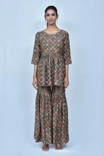 Buy_Samyukta Singhania_Multi Color Muslin, Silk Embroidery Round Floral Jaal Print Kurta And Sharara Set_Online_at_Aza_Fashions