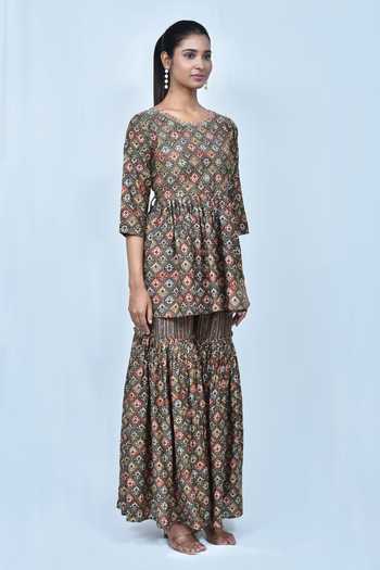 Shop_Samyukta Singhania_Multi Color Muslin, Silk Embroidery Round Floral Jaal Print Kurta And Sharara Set_Online_at_Aza_Fashions