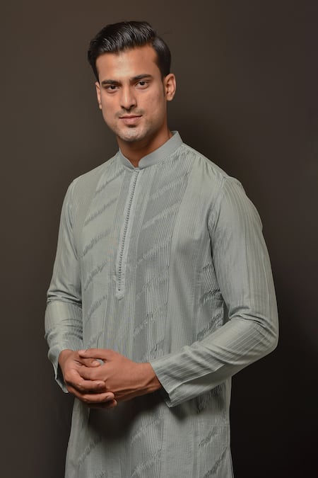 Darshika Menswear Blue Cotton, Silk Panelled Pintuck Kurta Set Online at Aza Fashions Darshika Menswear_Blue Cotton, Silk Panelled Pintuck Kurta Set _Online_at_Aza_Fashions