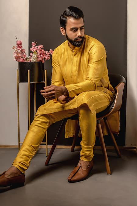 Shop Darshika Menswear Yellow Cotton, Silk Beads Embroidered Kurta Set Online at Aza Fashions Shop_Darshika Menswear_Yellow Cotton, Silk Beads Embroidered Kurta Set _Online_at_Aza_Fashions