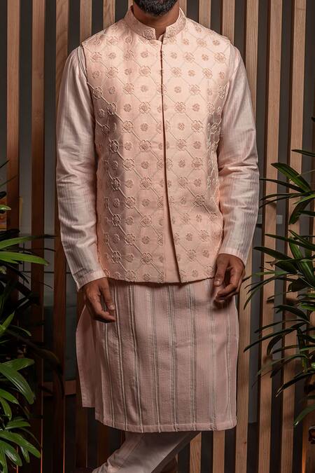 Darshika Menswear_Pink Cotton, Silk Embroidery, Pearls Geometric Bundi And Kurta Set _Online_at_Aza_Fashions