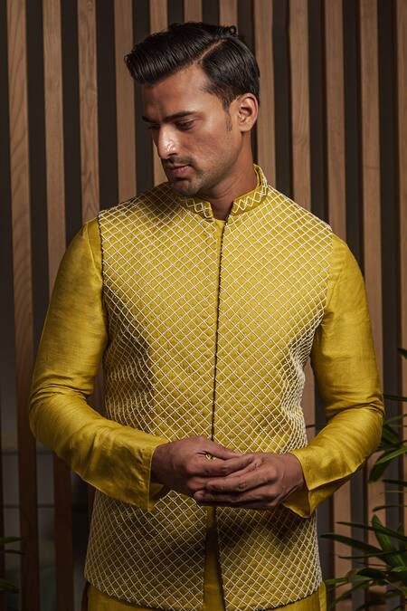 Darshika Menswear_Green Silk, Satin Pearls Checkered Embroidered Bundi Set _Online_at_Aza_Fashions