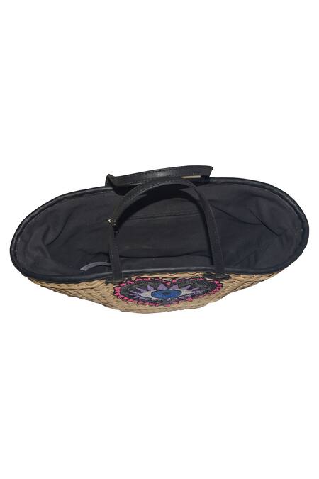 Ginn And Tonik_Beige Sequin And Beads Evil Eye Embellished Woven Beach Bag_at_Aza_Fashions
