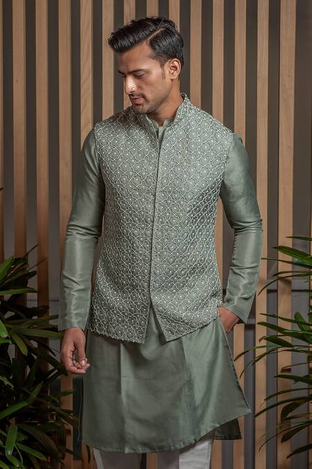 Darshika Menswear_Green Organza, Embroidery, Pearls Geometric Bundi And Kurta Set _Online_at_Aza_Fashions